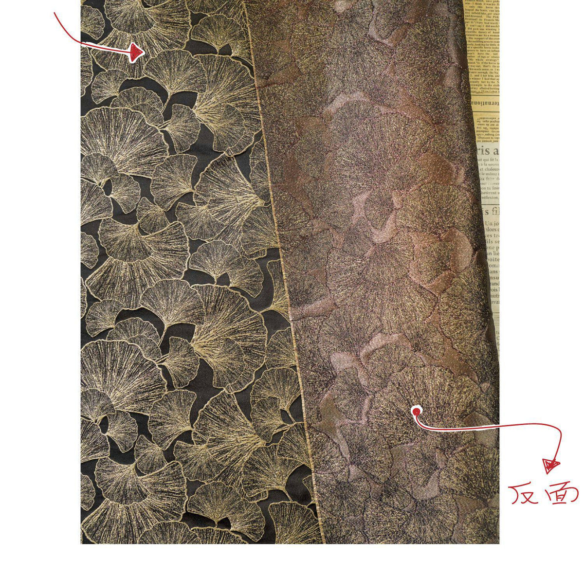 Black Gold Ginkgo Leaf Jacquard Fabric, Metallic Thread Embossed Brocade for Cheongsam, Jackets, Dresses, Bags and Home Decor, 64"