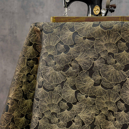 Black Gold Ginkgo Leaf Jacquard Fabric, Metallic Thread Embossed Brocade for Cheongsam, Jackets, Dresses, Bags and Home Decor, 64" - Poppylollipop