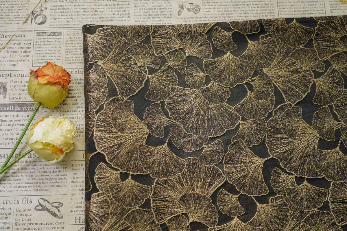 Black Gold Ginkgo Leaf Jacquard Fabric, Metallic Thread Embossed Brocade for Cheongsam, Jackets, Dresses, Bags and Home Decor, 64"