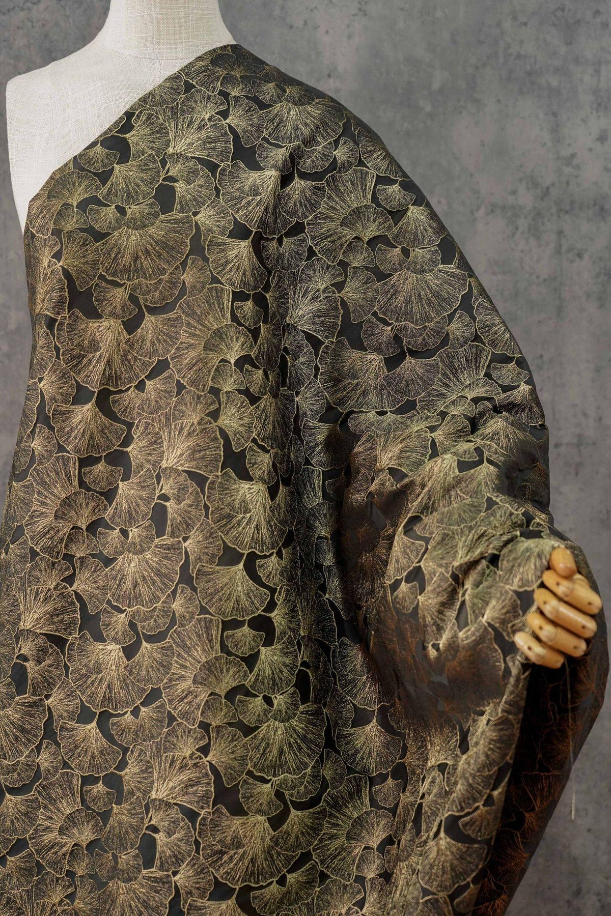 Black Gold Ginkgo Leaf Jacquard Fabric, Metallic Thread Embossed Brocade for Cheongsam, Jackets, Dresses, Bags and Home Decor, 64"