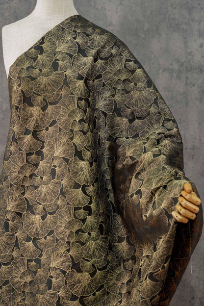 Black Gold Ginkgo Leaf Jacquard Fabric, Metallic Thread Embossed Brocade for Cheongsam, Jackets, Dresses, Bags and Home Decor, 64"