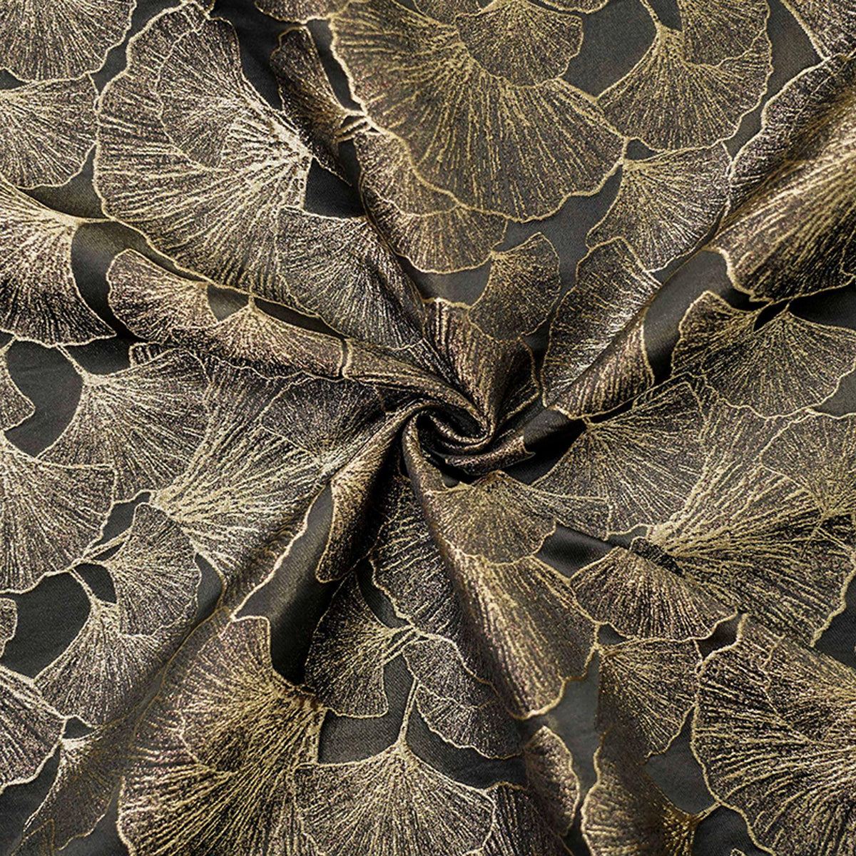 Black Gold Ginkgo Leaf Jacquard Fabric, Metallic Thread Embossed Brocade for Cheongsam, Jackets, Dresses, Bags and Home Decor, 64"