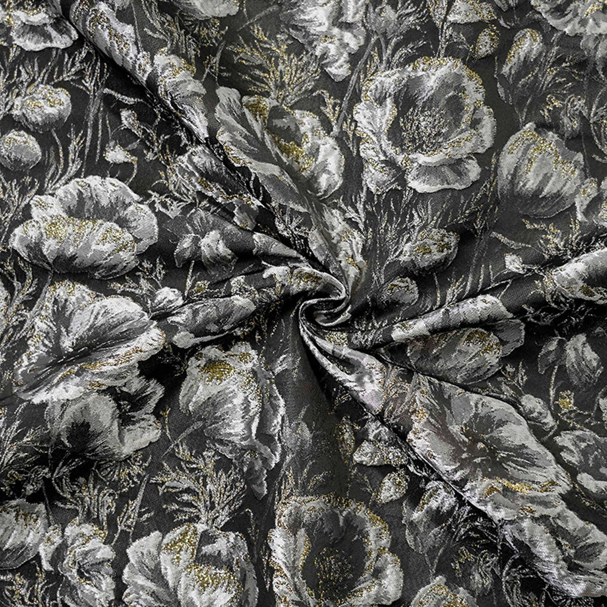 Black Silver Floral Jacquard Fabric, 3D Embossed Gold Thread Brocade with Poppy Flowers for Cheongsam, Dresses, Jackets and Home Decor, 64"