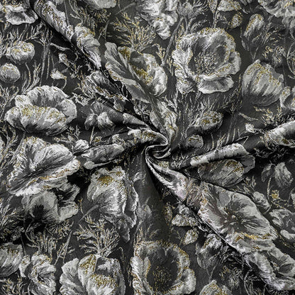 Black Silver Floral Jacquard Fabric, 3D Embossed Gold Thread Brocade with Poppy Flowers for Cheongsam, Dresses, Jackets and Home Decor, 64"