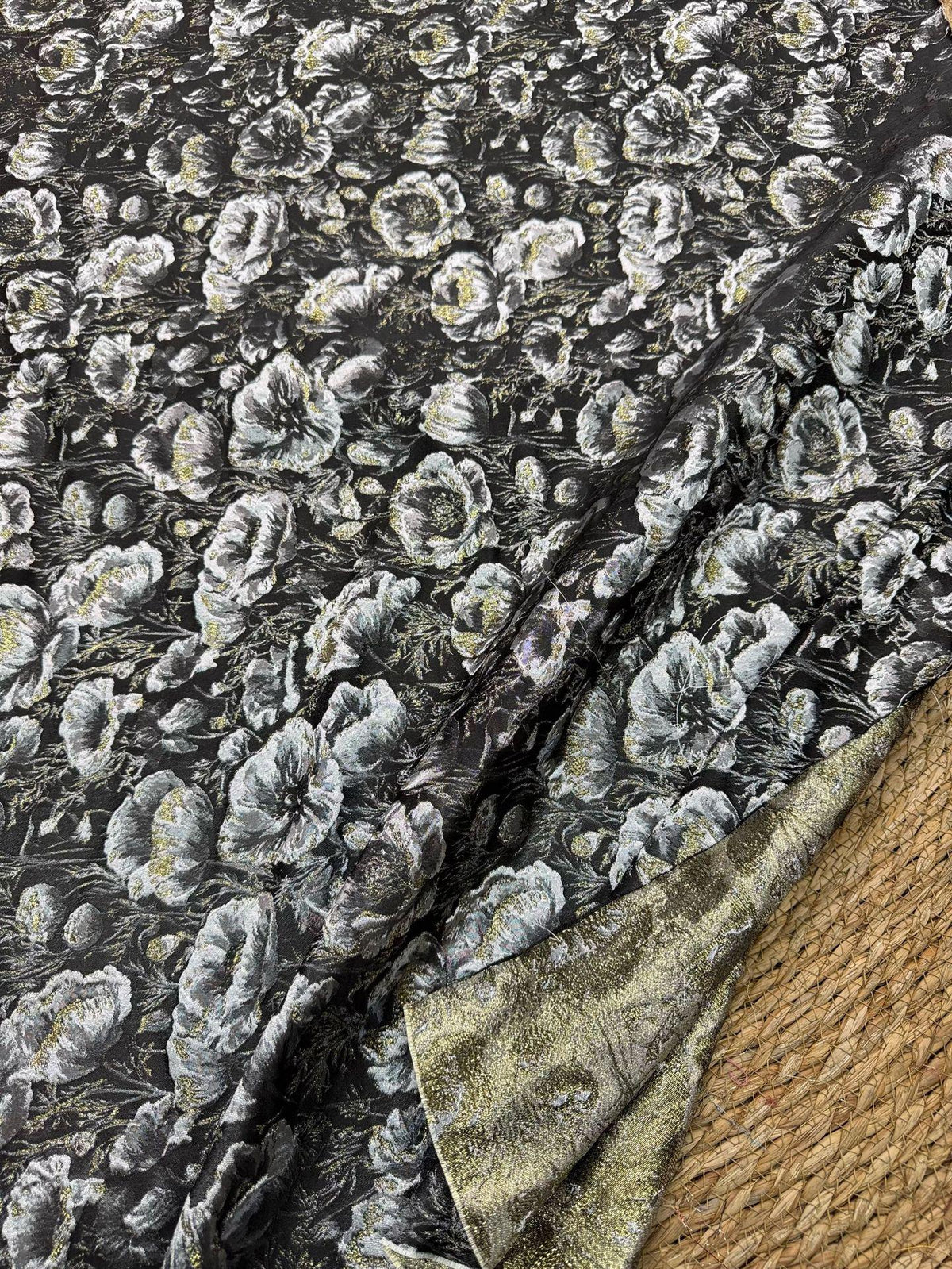Black Silver Floral Jacquard Fabric, 3D Embossed Gold Thread Brocade with Poppy Flowers for Cheongsam, Dresses, Jackets and Home Decor, 64"