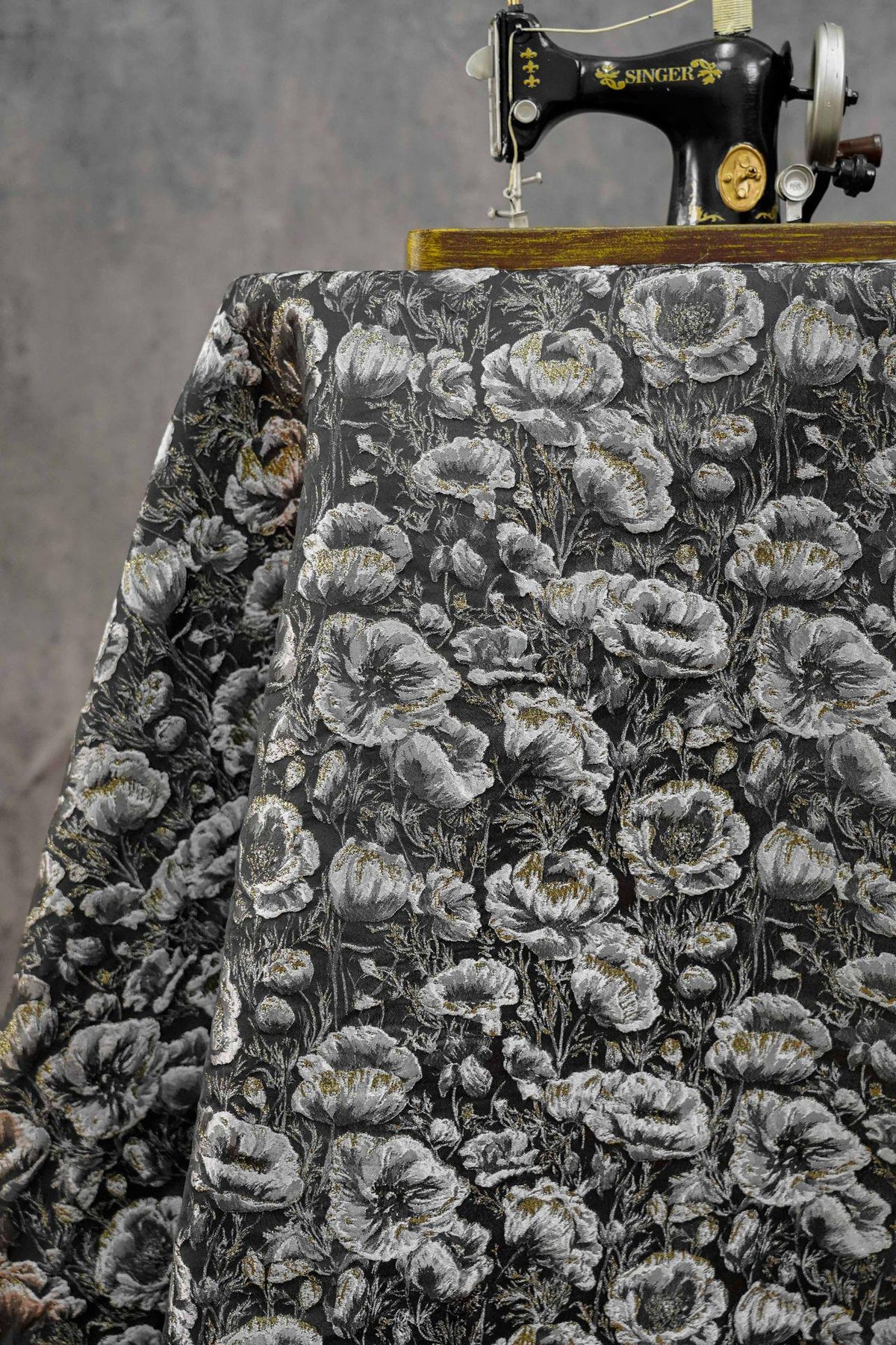 Black Silver Floral Jacquard Fabric, 3D Embossed Gold Thread Brocade with Poppy Flowers for Cheongsam, Dresses, Jackets and Home Decor, 64"