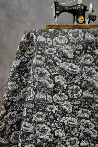 Black Silver Floral Jacquard Fabric, 3D Embossed Gold Thread Brocade with Poppy Flowers for Cheongsam, Dresses, Jackets and Home Decor, 64"