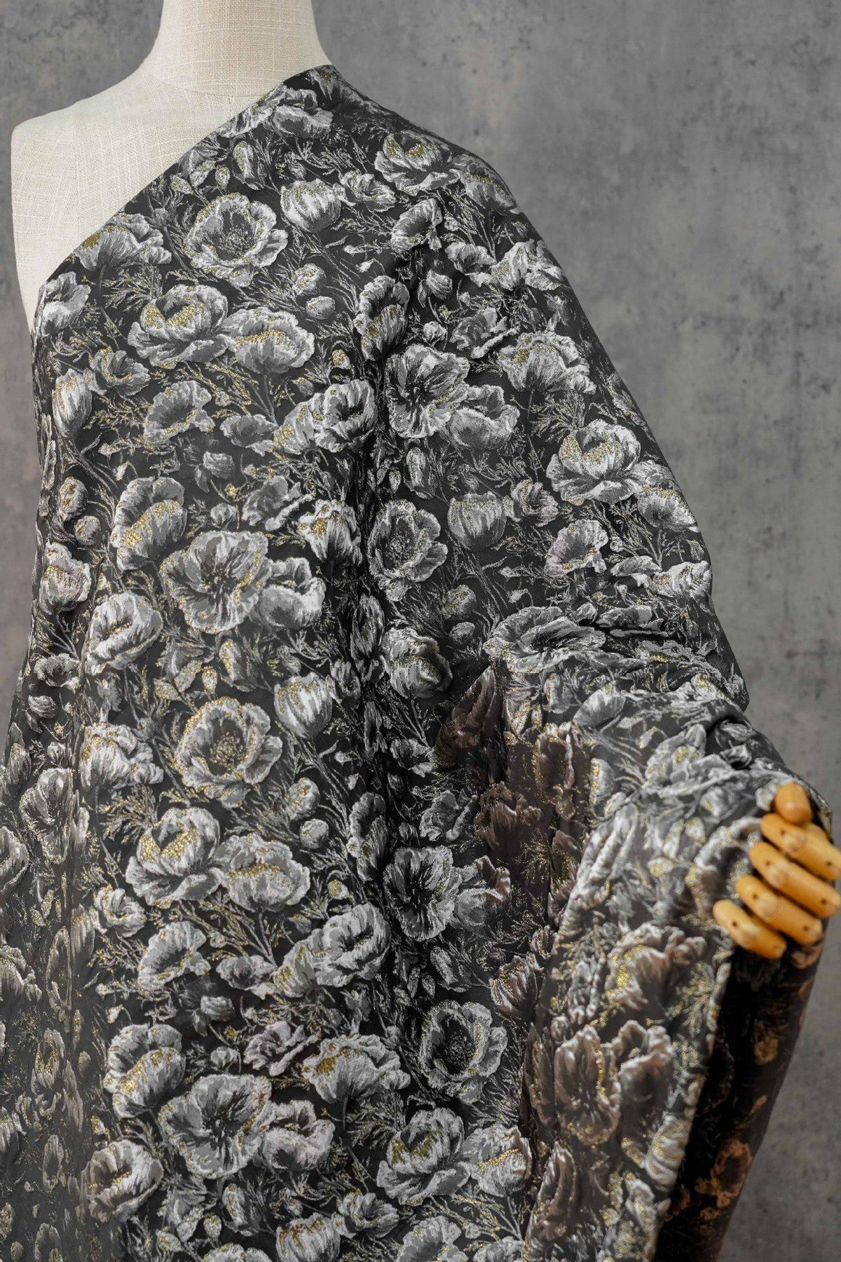 Black Silver Floral Jacquard Fabric, 3D Embossed Gold Thread Brocade with Poppy Flowers for Cheongsam, Dresses, Jackets and Home Decor, 64"