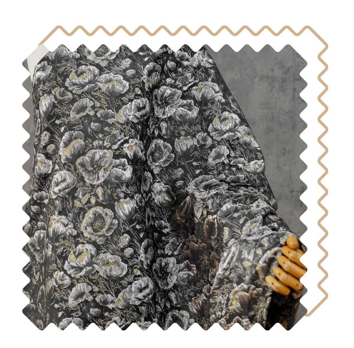 Black Silver Floral Jacquard Fabric, 3D Embossed Gold Thread Brocade with Poppy Flowers for Cheongsam, Dresses, Jackets and Home Decor, 64"