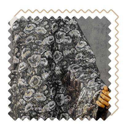 Black Silver Floral Jacquard Fabric, 3D Embossed Gold Thread Brocade with Poppy Flowers for Cheongsam, Dresses, Jackets and Home Decor, 64"