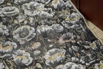 Black Silver Floral Jacquard Fabric, 3D Embossed Gold Thread Brocade with Poppy Flowers for Cheongsam, Dresses, Jackets and Home Decor, 64"