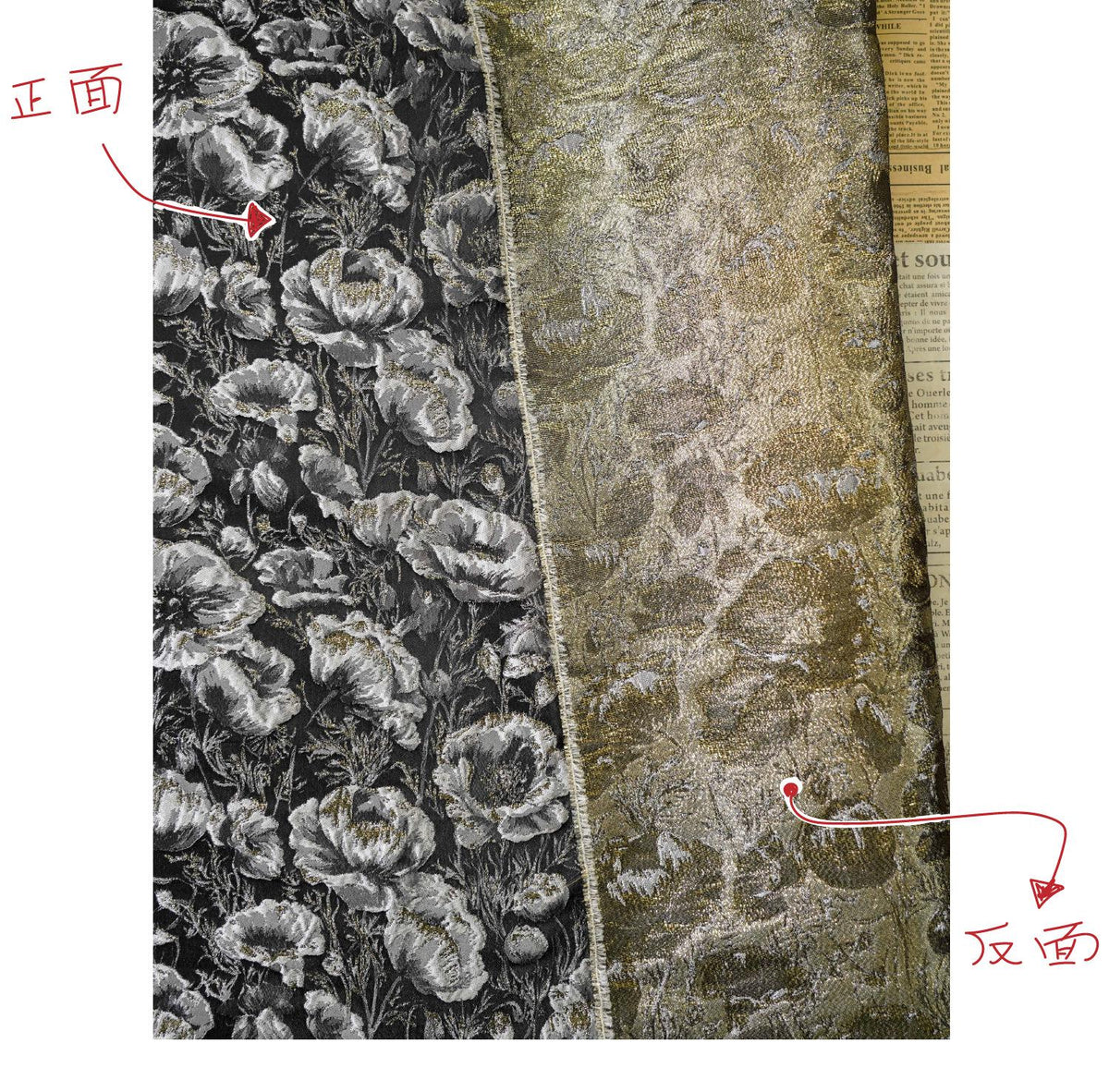 Black Silver Floral Jacquard Fabric, 3D Embossed Gold Thread Brocade with Poppy Flowers for Cheongsam, Dresses, Jackets and Home Decor, 64"