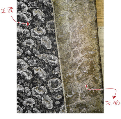 Black Silver Floral Jacquard Fabric, 3D Embossed Gold Thread Brocade with Poppy Flowers for Cheongsam, Dresses, Jackets and Home Decor, 64"