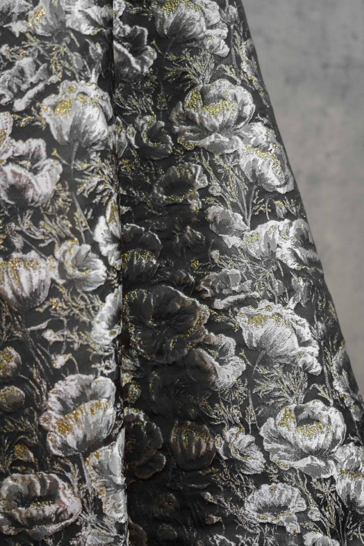 Black Silver Floral Jacquard Fabric, 3D Embossed Gold Thread Brocade with Poppy Flowers for Cheongsam, Dresses, Jackets and Home Decor, 64"