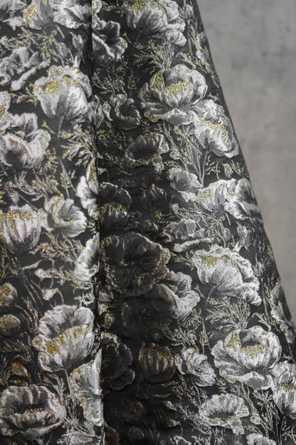 Black Silver Floral Jacquard Fabric, 3D Embossed Gold Thread Brocade with Poppy Flowers for Cheongsam, Dresses, Jackets and Home Decor, 64"