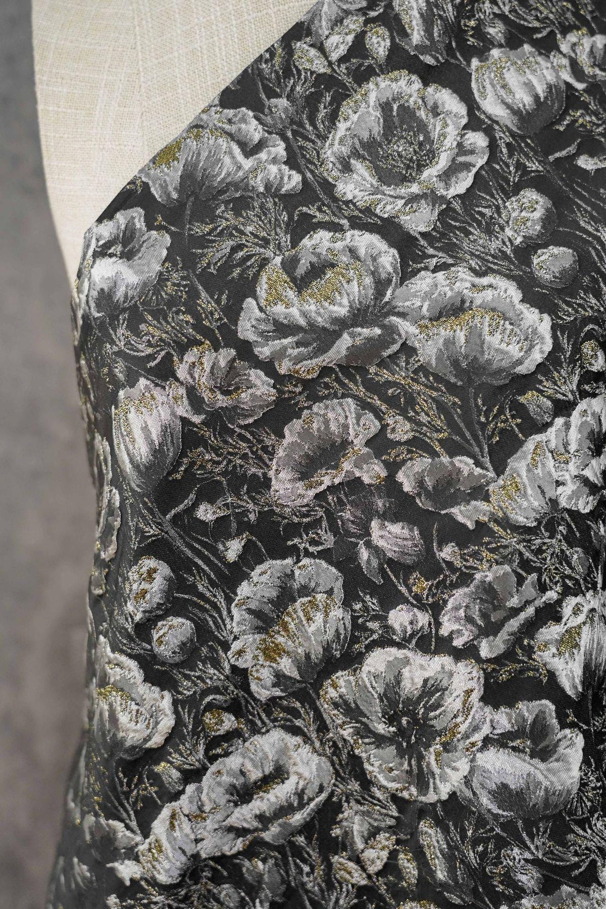 Black Silver Floral Jacquard Fabric, 3D Embossed Gold Thread Brocade with Poppy Flowers for Cheongsam, Dresses, Jackets and Home Decor, 64"