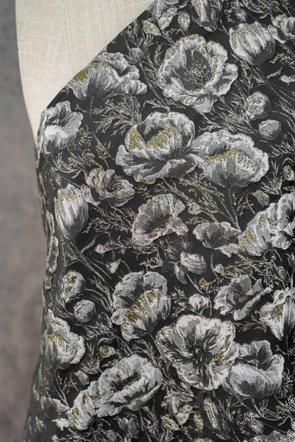 Black Silver Floral Jacquard Fabric, 3D Embossed Gold Thread Brocade with Poppy Flowers for Cheongsam, Dresses, Jackets and Home Decor, 64"