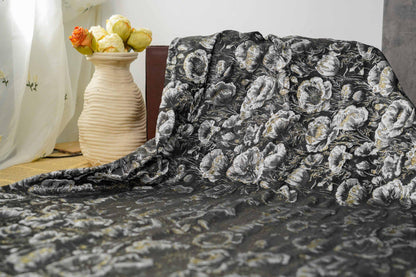 Black Silver Floral Jacquard Fabric, 3D Embossed Gold Thread Brocade with Poppy Flowers for Cheongsam, Dresses, Jackets and Home Decor, 64"