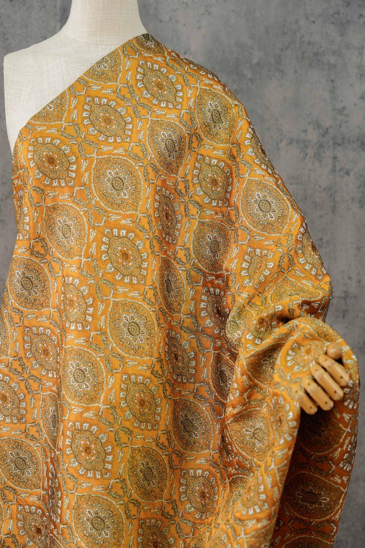Persian Floral Medallion Jacquard Fabric, Metallic Gold Thread Brocade with Diamond Pattern for Cheongsam, Jackets, Bags and Home Decor, 63"