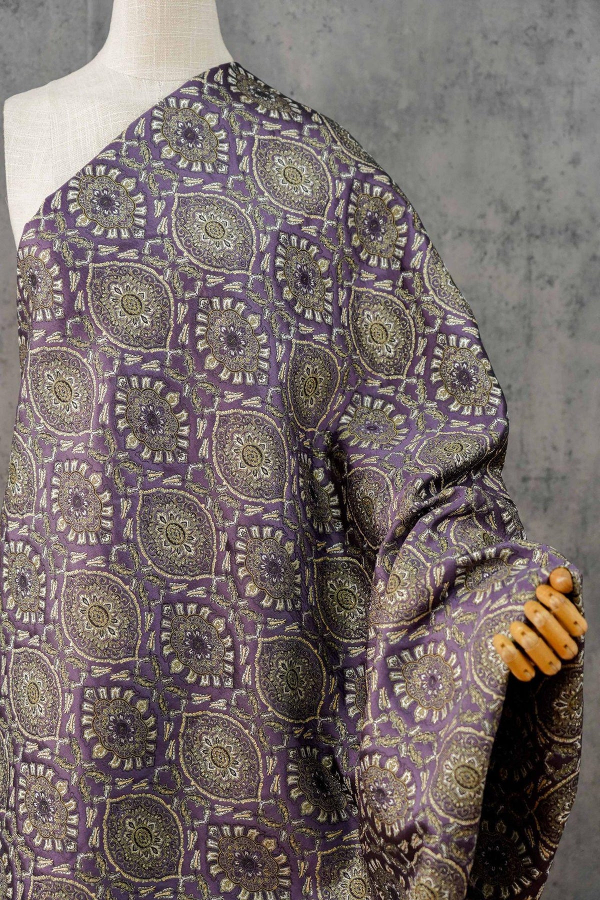 Persian Floral Medallion Jacquard Fabric, Metallic Gold Thread Brocade with Diamond Pattern for Cheongsam, Jackets, Bags and Home Decor, 63"