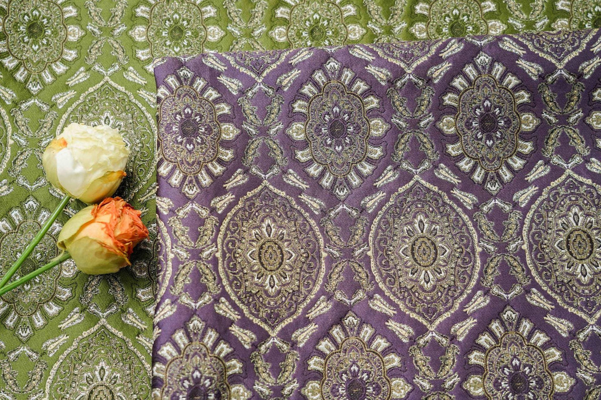 Persian Floral Medallion Jacquard Fabric, Metallic Gold Thread Brocade with Diamond Pattern for Cheongsam, Jackets, Bags and Home Decor, 63"
