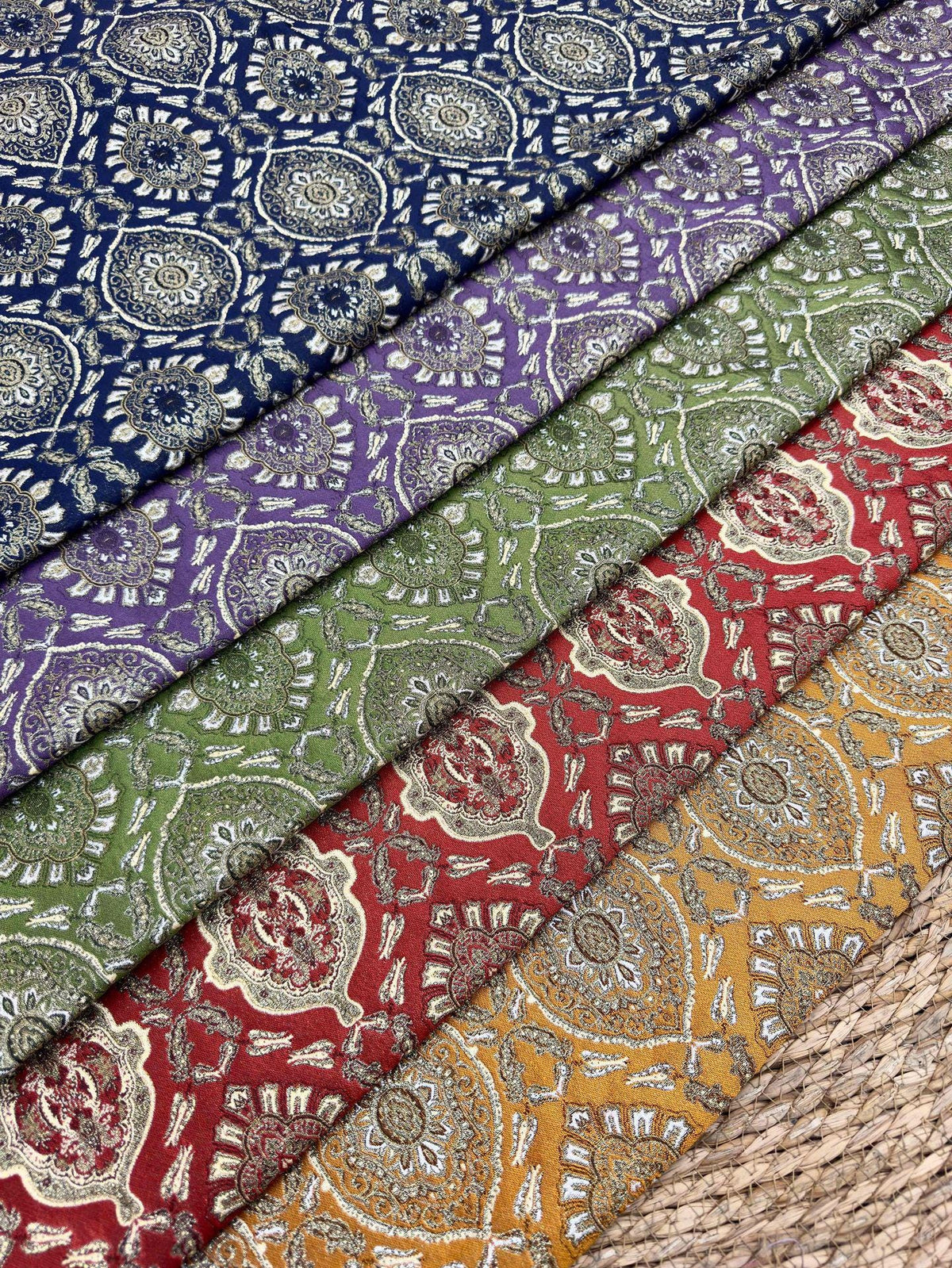 Persian Floral Medallion Jacquard Fabric, Metallic Gold Thread Brocade with Diamond Pattern for Cheongsam, Jackets, Bags and Home Decor, 63"