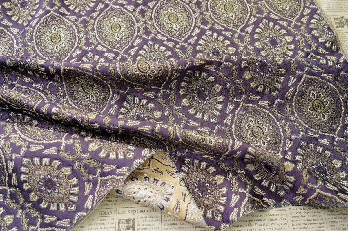 Persian Floral Medallion Jacquard Fabric, Metallic Gold Thread Brocade with Diamond Pattern for Cheongsam, Jackets, Bags and Home Decor, 63"