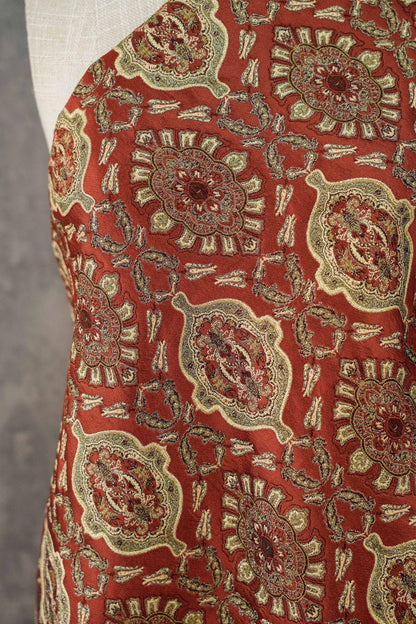 Persian Floral Medallion Jacquard Fabric, Metallic Gold Thread Brocade with Diamond Pattern for Cheongsam, Jackets, Bags and Home Decor, 63"