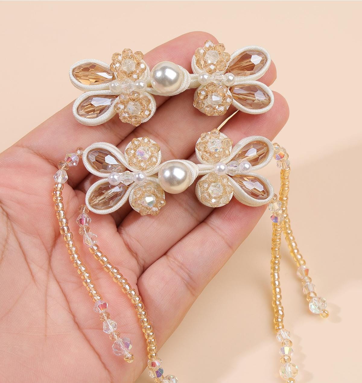 Hand Beaded Pearl Frog Buttons with Crystal Flowers and Tassels, Chinese Knot Closures for Cheongsam, Qipao and Sewing Crafts