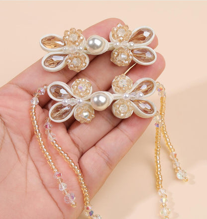 Hand Beaded Pearl Frog Buttons with Crystal Flowers and Tassels, Chinese Knot Closures for Cheongsam, Qipao and Sewing Crafts