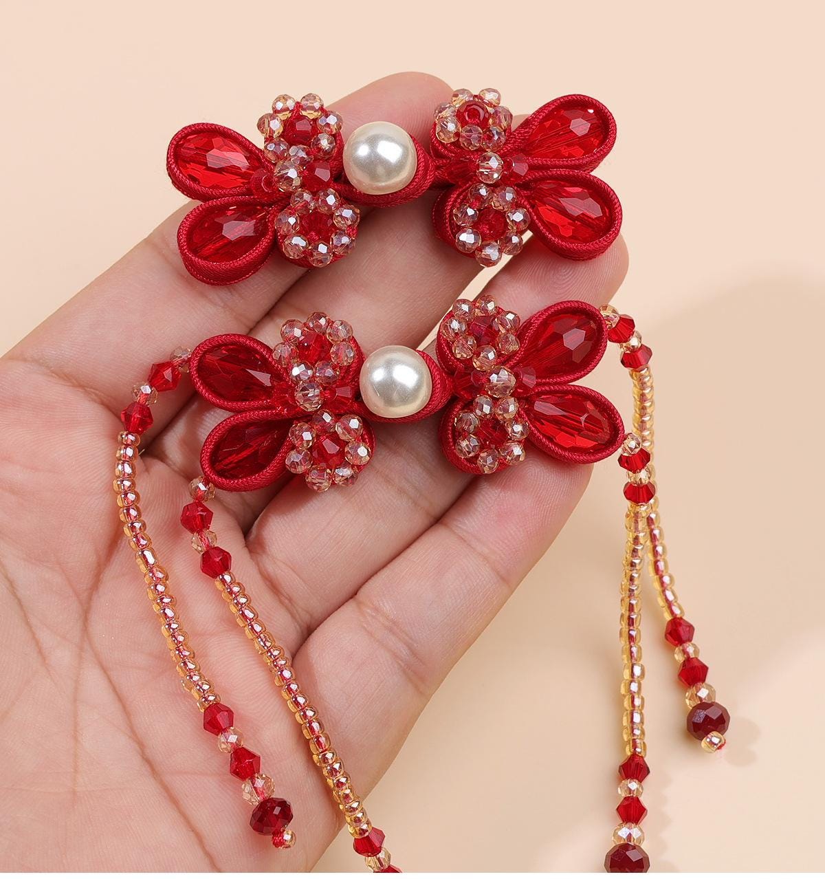 Hand Beaded Pearl Frog Buttons with Crystal Flowers and Tassels, Chinese Knot Closures for Cheongsam, Qipao and Sewing Crafts