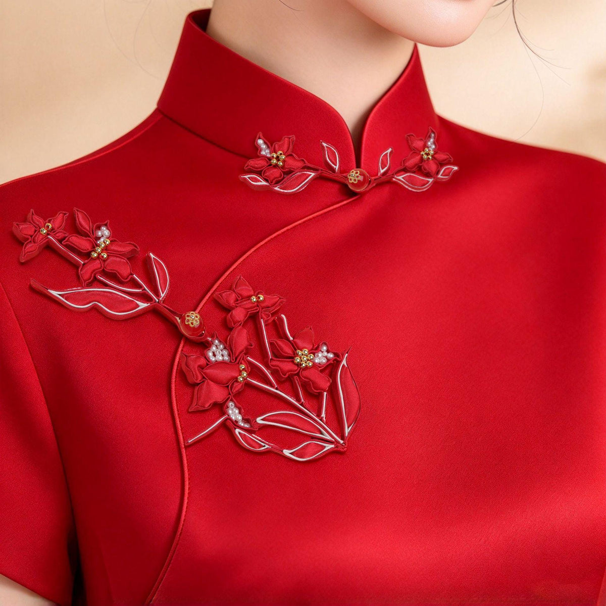 Red Floral Chinese Frog Buttons with Pearl Beads and Gold Accents, Decorative Flower Knot Closures for Cheongsam, Qipao and Sewing