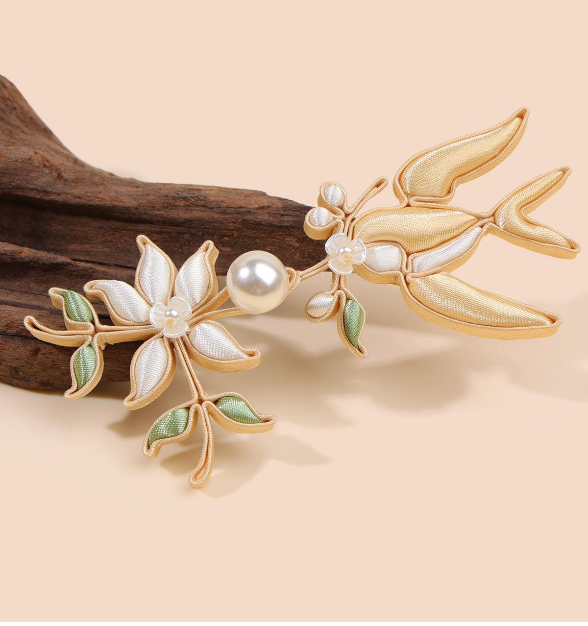 Chinese Swallow Bird Floral Frog Buttons with Faux Pearls, Decorative Knot Closures for Cheongsam, Qipao, Jackets and Sewing Crafts