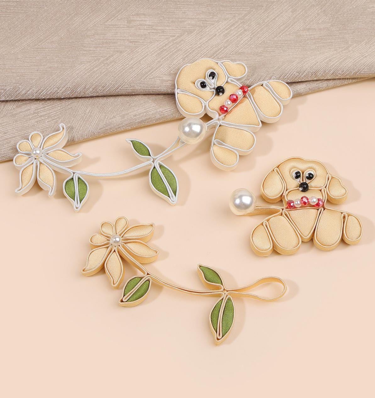 Cute Puppy Floral Frog Button with Faux Pearl, Yellow Dog Chinese Knot Closure for Cheongsam, Qipao, Cardigans and Sewing Crafts