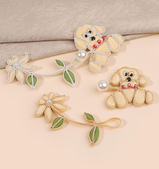 Cute Puppy Floral Frog Button with Faux Pearl, Yellow Dog Chinese Knot Closure for Cheongsam, Qipao, Cardigans and Sewing Crafts