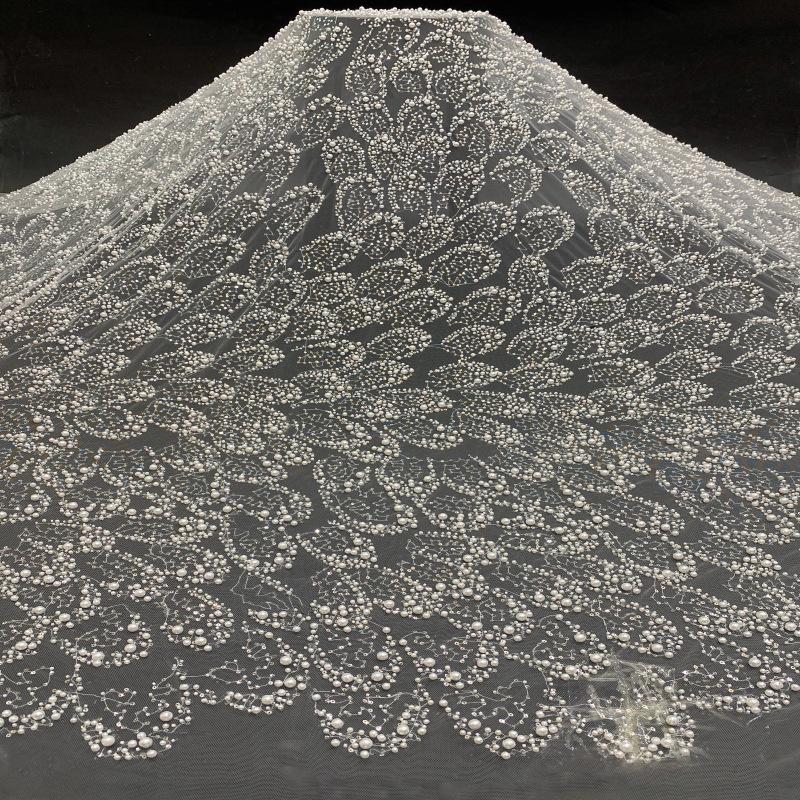 Ivory Pearl Beaded Mesh Lace Fabric, 3D Embroidered Tulle with Floral Vine Pattern for Wedding Dresses, Bridal Gowns and Evening Wear, 49"W