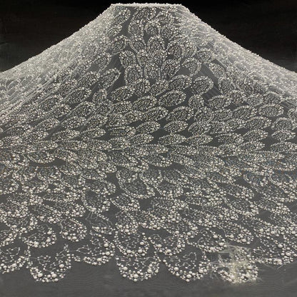 Ivory Pearl Beaded Mesh Lace Fabric, 3D Embroidered Tulle with Floral Vine Pattern for Wedding Dresses, Bridal Gowns and Evening Wear, 49"W