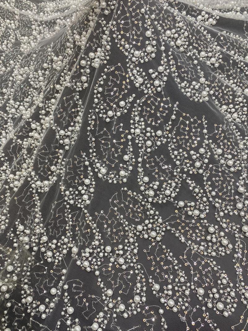 Ivory Pearl Beaded Mesh Lace Fabric, 3D Embroidered Tulle with Floral Vine Pattern for Wedding Dresses, Bridal Gowns and Evening Wear, 49"W