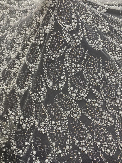 Ivory Pearl Beaded Mesh Lace Fabric, 3D Embroidered Tulle with Floral Vine Pattern for Wedding Dresses, Bridal Gowns and Evening Wear, 49"W