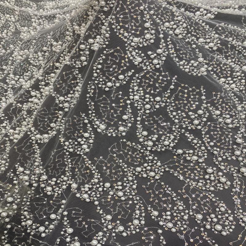 Ivory Pearl Beaded Mesh Lace Fabric, 3D Embroidered Tulle with Floral Vine Pattern for Wedding Dresses, Bridal Gowns and Evening Wear, 49"W