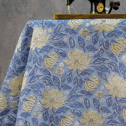 Dusty Blue Magnolia Floral Jacquard Fabric, Gold Thread Embossed Brocade for Cheongsam, Dresses, Jackets and Home Decor, 55"