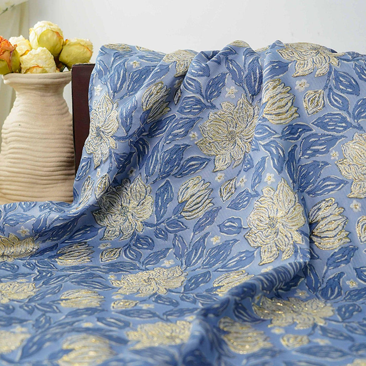 Dusty Blue Magnolia Floral Jacquard Fabric, Gold Thread Embossed Brocade for Cheongsam, Dresses, Jackets and Home Decor, 55"