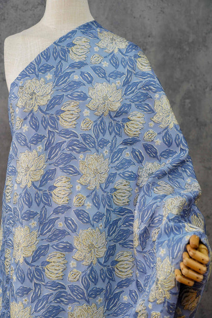 Dusty Blue Magnolia Floral Jacquard Fabric, Gold Thread Embossed Brocade for Cheongsam, Dresses, Jackets and Home Decor, 55"