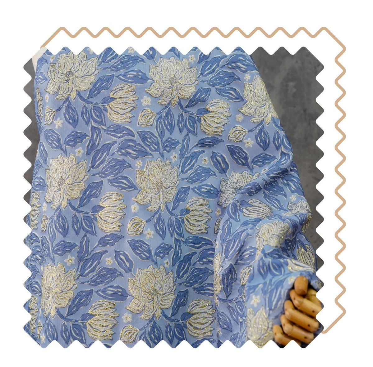 Dusty Blue Magnolia Floral Jacquard Fabric, Gold Thread Embossed Brocade for Cheongsam, Dresses, Jackets and Home Decor, 55"