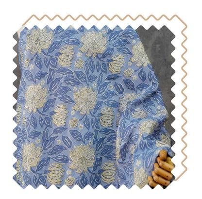 Dusty Blue Magnolia Floral Jacquard Fabric, Gold Thread Embossed Brocade for Cheongsam, Dresses, Jackets and Home Decor, 55"