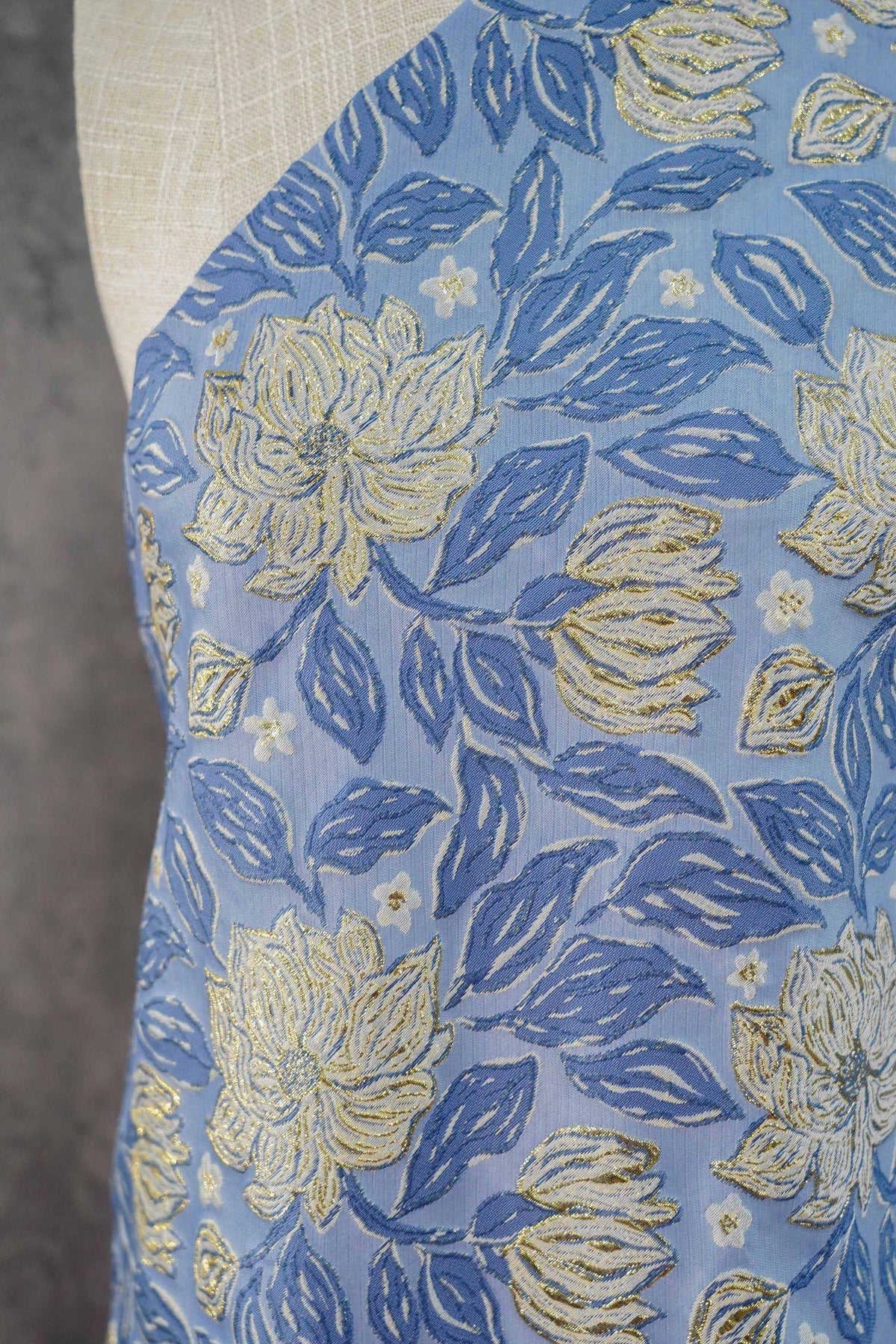 Dusty Blue Magnolia Floral Jacquard Fabric, Gold Thread Embossed Brocade for Cheongsam, Dresses, Jackets and Home Decor, 55"