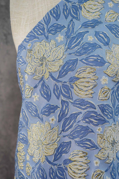Dusty Blue Magnolia Floral Jacquard Fabric, Gold Thread Embossed Brocade for Cheongsam, Dresses, Jackets and Home Decor, 55"