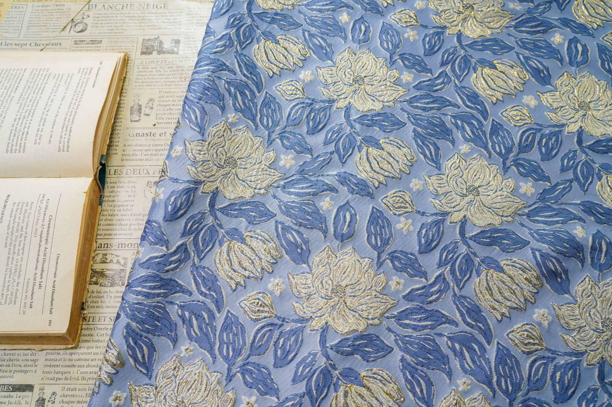 Dusty Blue Magnolia Floral Jacquard Fabric, Gold Thread Embossed Brocade for Cheongsam, Dresses, Jackets and Home Decor, 55"