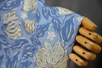 Dusty Blue Magnolia Floral Jacquard Fabric, Gold Thread Embossed Brocade for Cheongsam, Dresses, Jackets and Home Decor, 55"