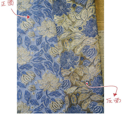 Dusty Blue Magnolia Floral Jacquard Fabric, Gold Thread Embossed Brocade for Cheongsam, Dresses, Jackets and Home Decor, 55"